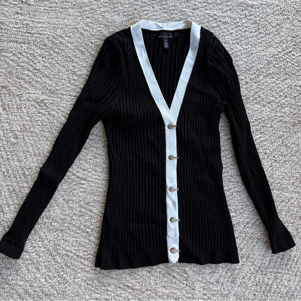 White House Black Market Ribbed Knit Black Cardigan with Cream Trim